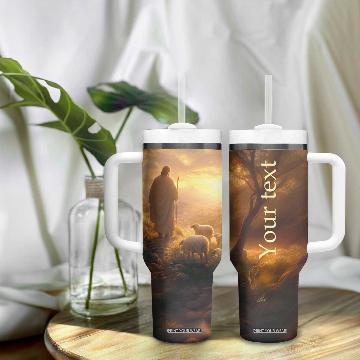 Jesus Walking On The Forest With Lambs Tumbler With Handle Personalized TS04 Print Your Wear