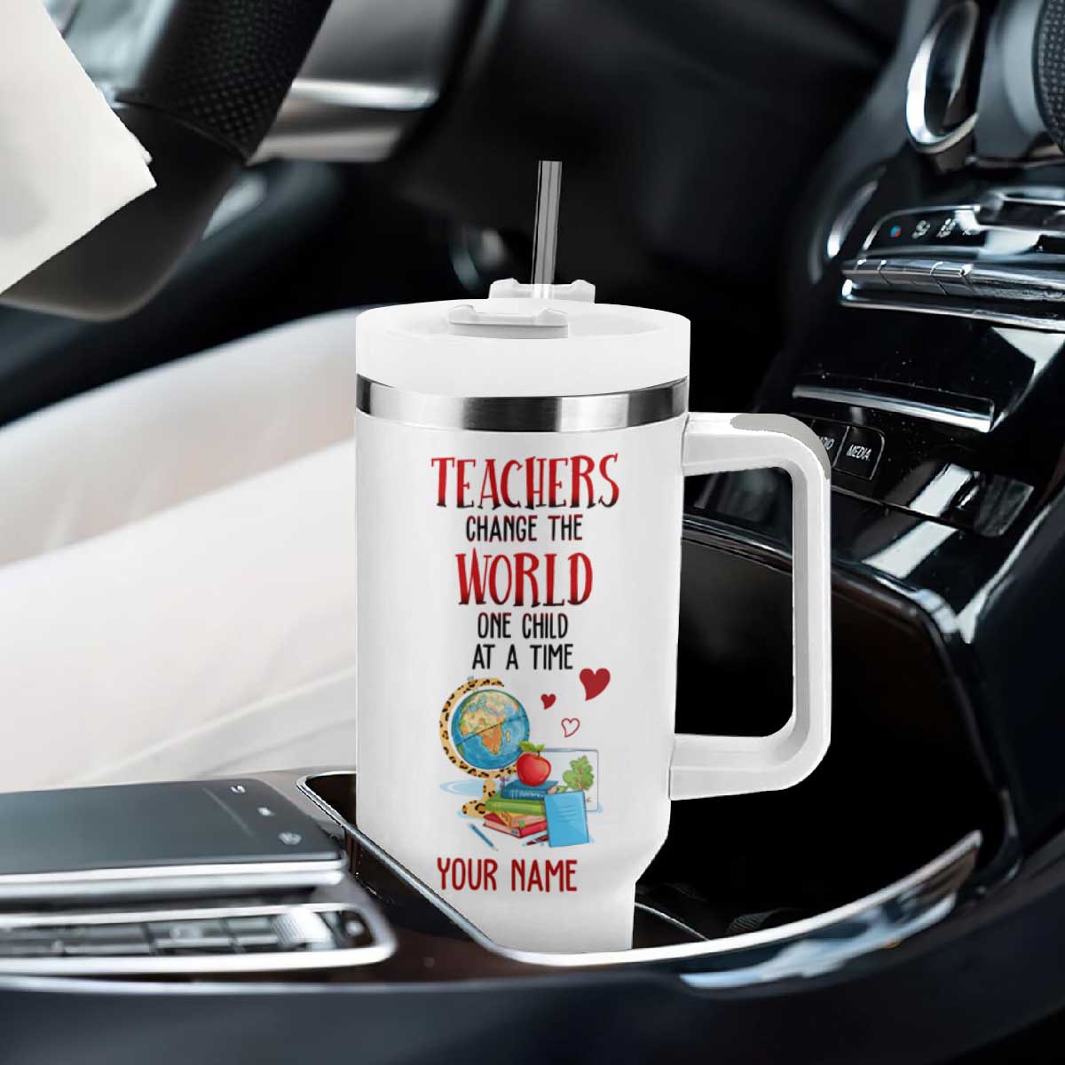Teachers Change The World One Child At A Time Tumbler With Handle Personalized TS04 Print Your Wear