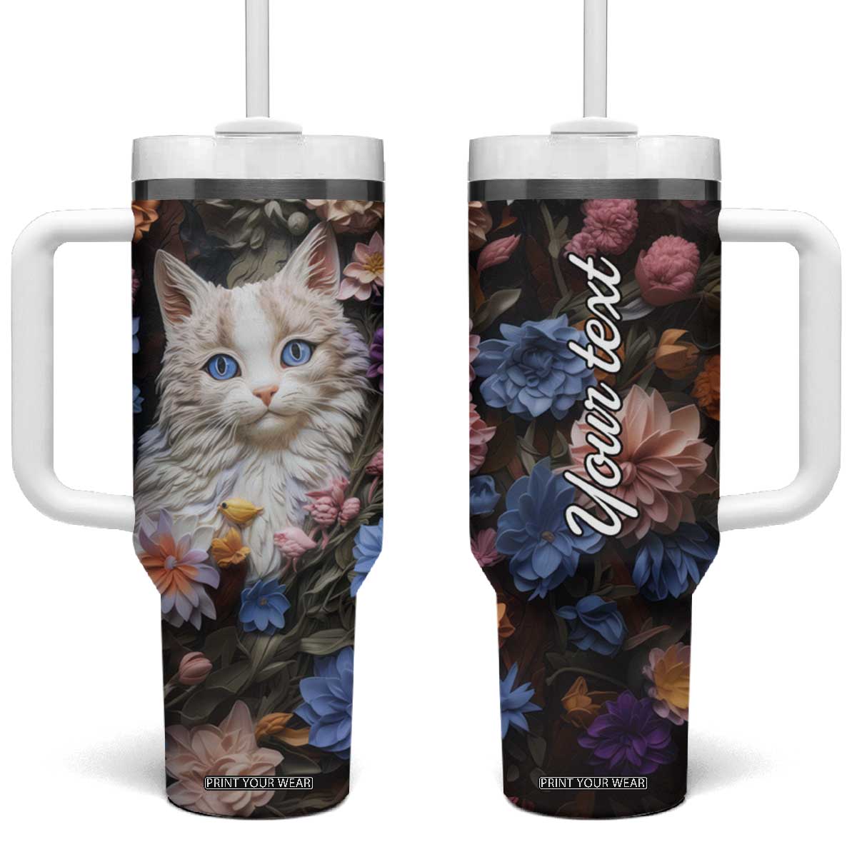 Cat Flowers Plaster Carving Tumbler With Handle Personalized TS04 One Size: 40 oz Multicolor Print Your Wear