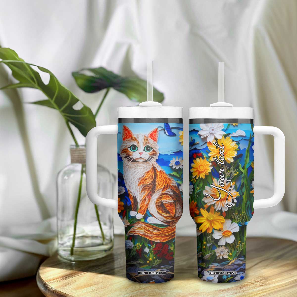 Cat In The Flowers Garden Paper Quiling Tumbler With Handle Personalized TS04 Print Your Wear