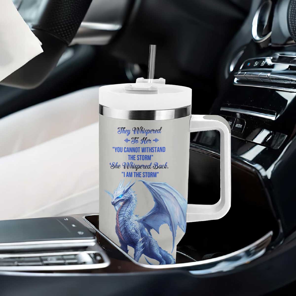 Dragon They Whispered To Her You Cannot Withstand The Storm Tumbler With Handle Personalized TS04 Print Your Wear