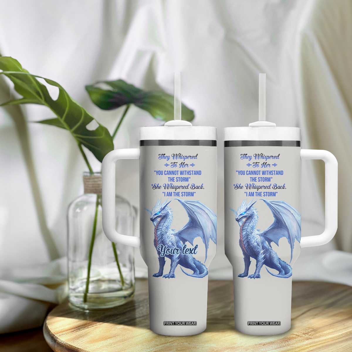 Dragon They Whispered To Her You Cannot Withstand The Storm Tumbler With Handle Personalized TS04 Print Your Wear