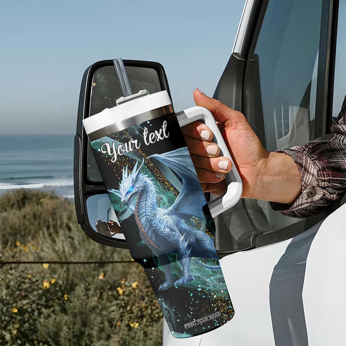 Dragon They Whispered To Her You Cannot Withstand The Storm Tumbler With Handle Personalized TS04 Print Your Wear