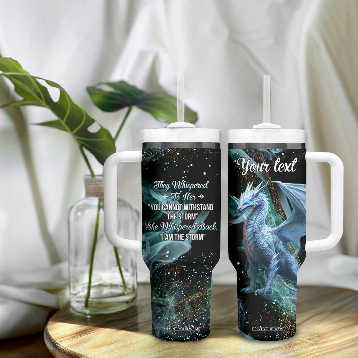 Dragon They Whispered To Her You Cannot Withstand The Storm Tumbler With Handle Personalized TS04 Print Your Wear