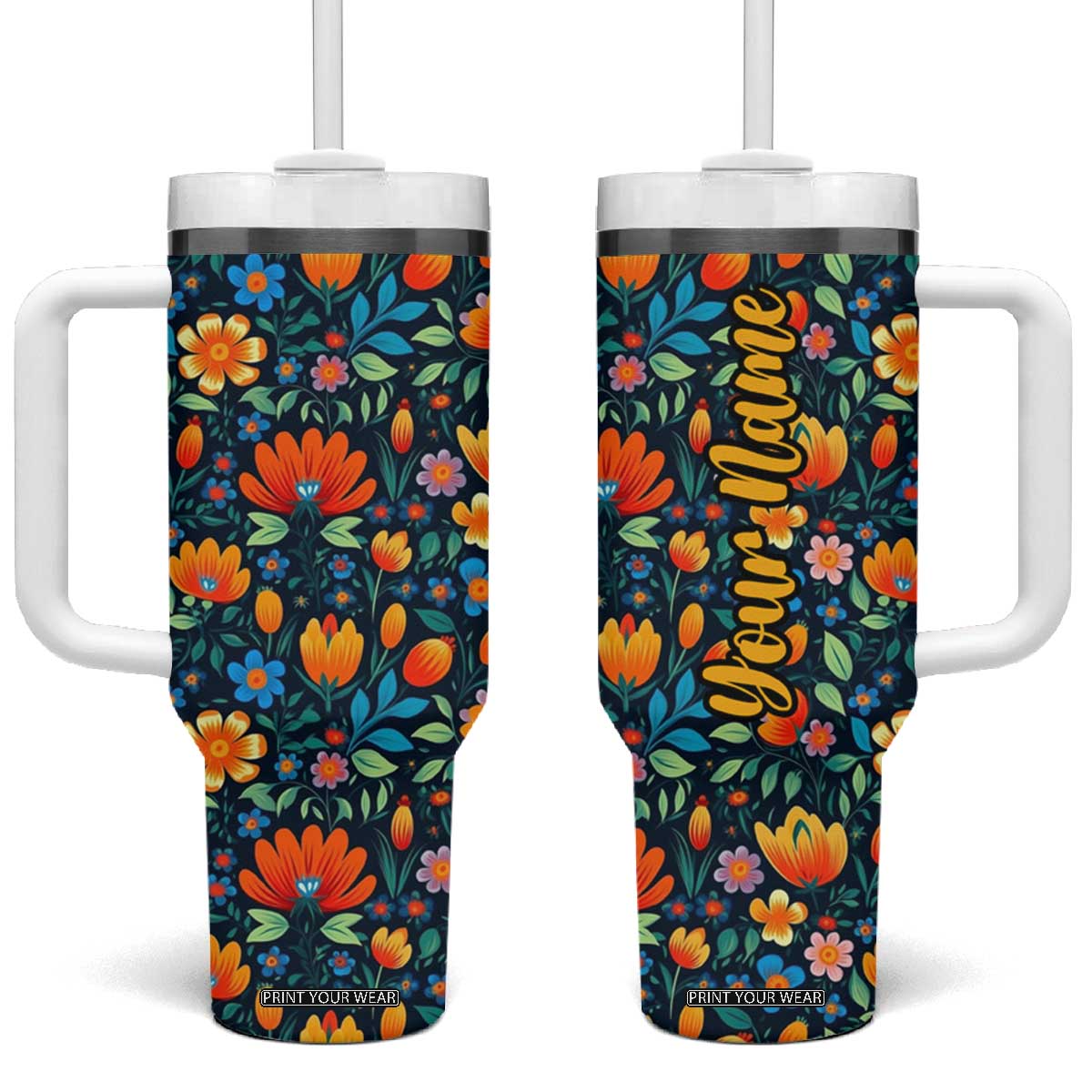 Mexican Gardening Flower Pattern Tumbler With Handle Personalized TS04 One Size: 40 oz Multicolor Print Your Wear