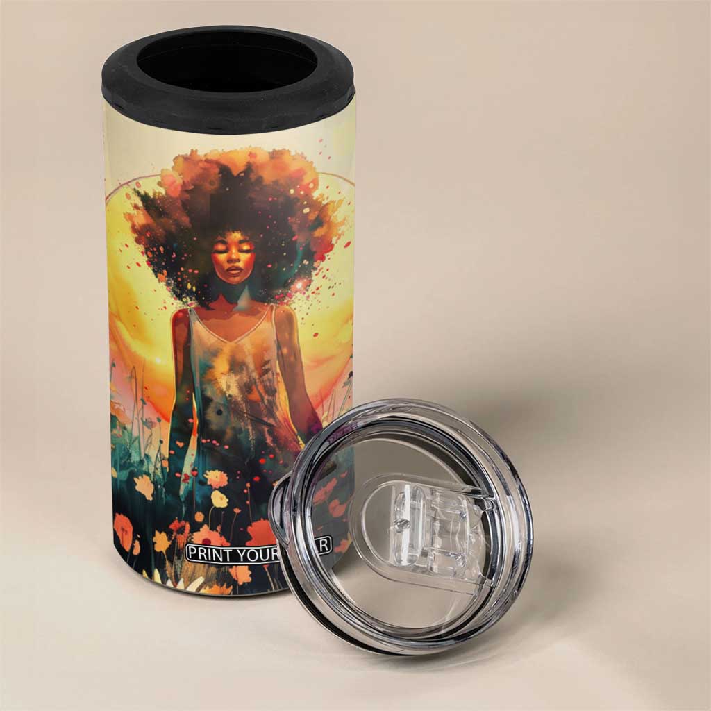 Black Women In Flower Field - Sun Set Watercolor Style Personalized 4 in 1 Can Cooler Tumbler TS04 Print Your Wear