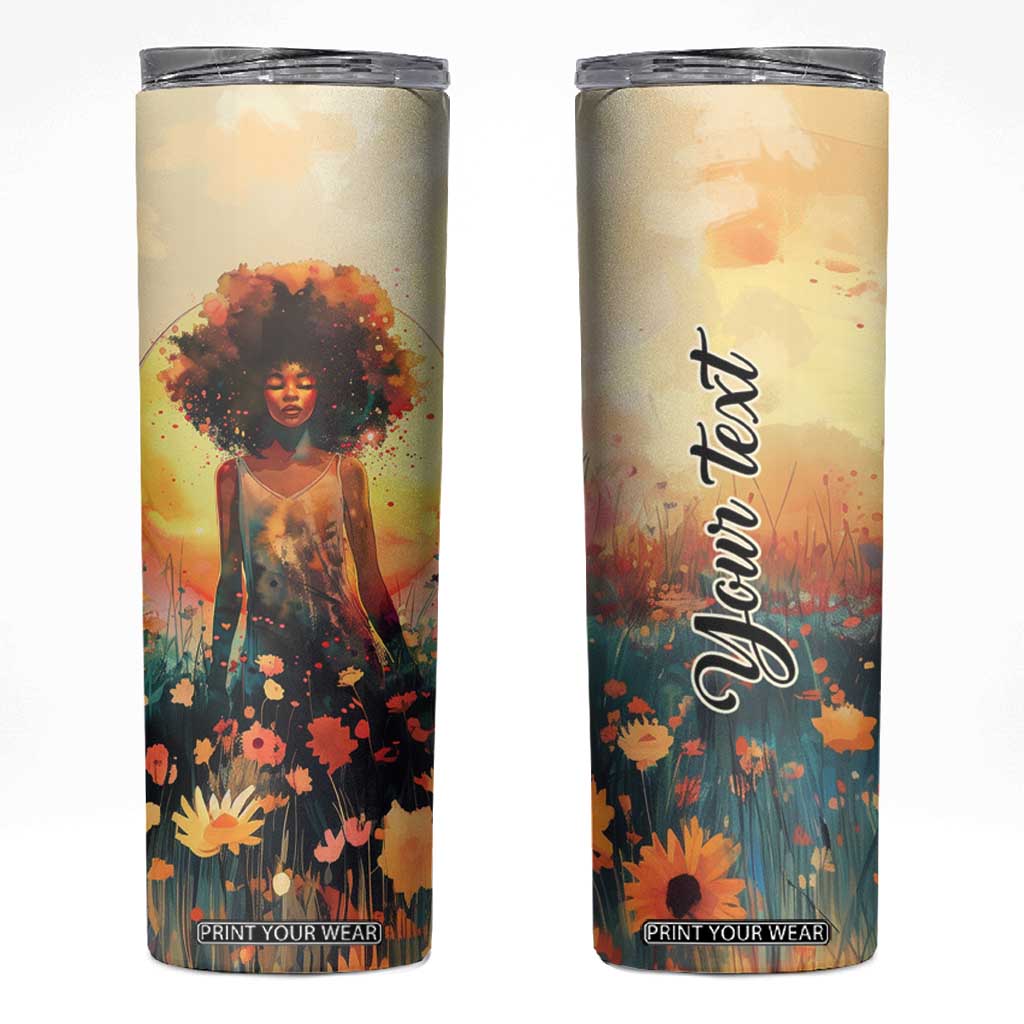 Black Women In Flower Field - Sun Set Watercolor Style Personalized Skinny Tumbler TS04 Multicolor Print Your Wear