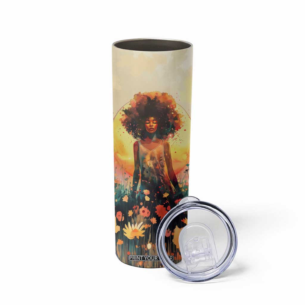Black Women In Flower Field - Sun Set Watercolor Style Personalized Skinny Tumbler TS04 Print Your Wear