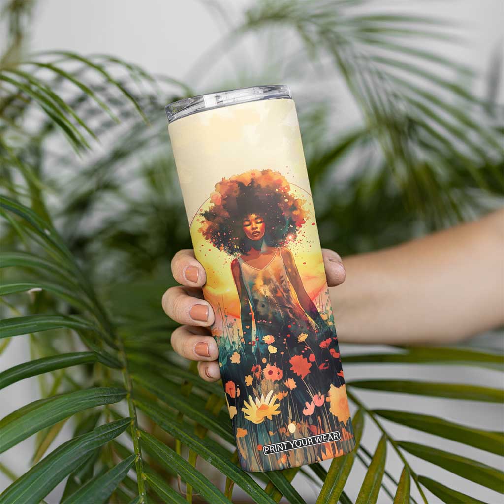 Black Women In Flower Field - Sun Set Watercolor Style Personalized Skinny Tumbler TS04 Print Your Wear