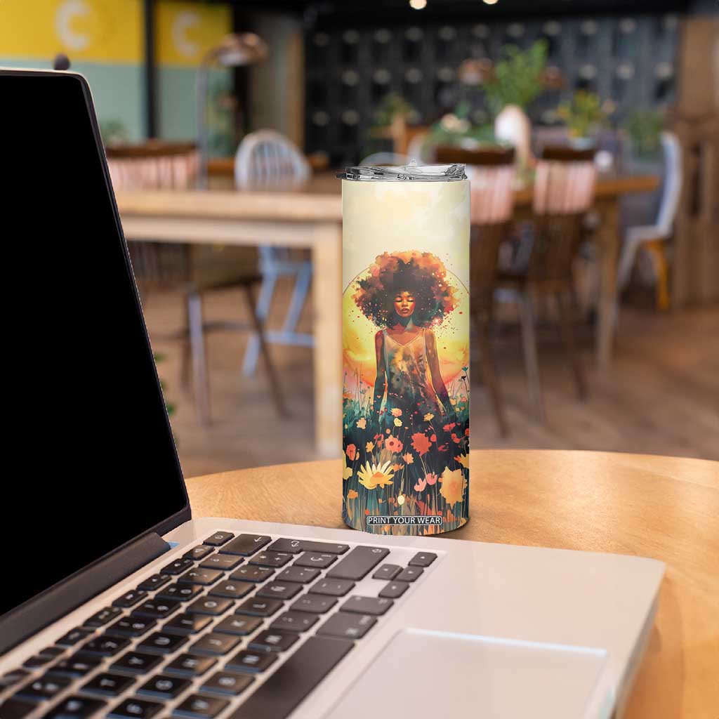 Black Women In Flower Field - Sun Set Watercolor Style Personalized Skinny Tumbler TS04 Print Your Wear