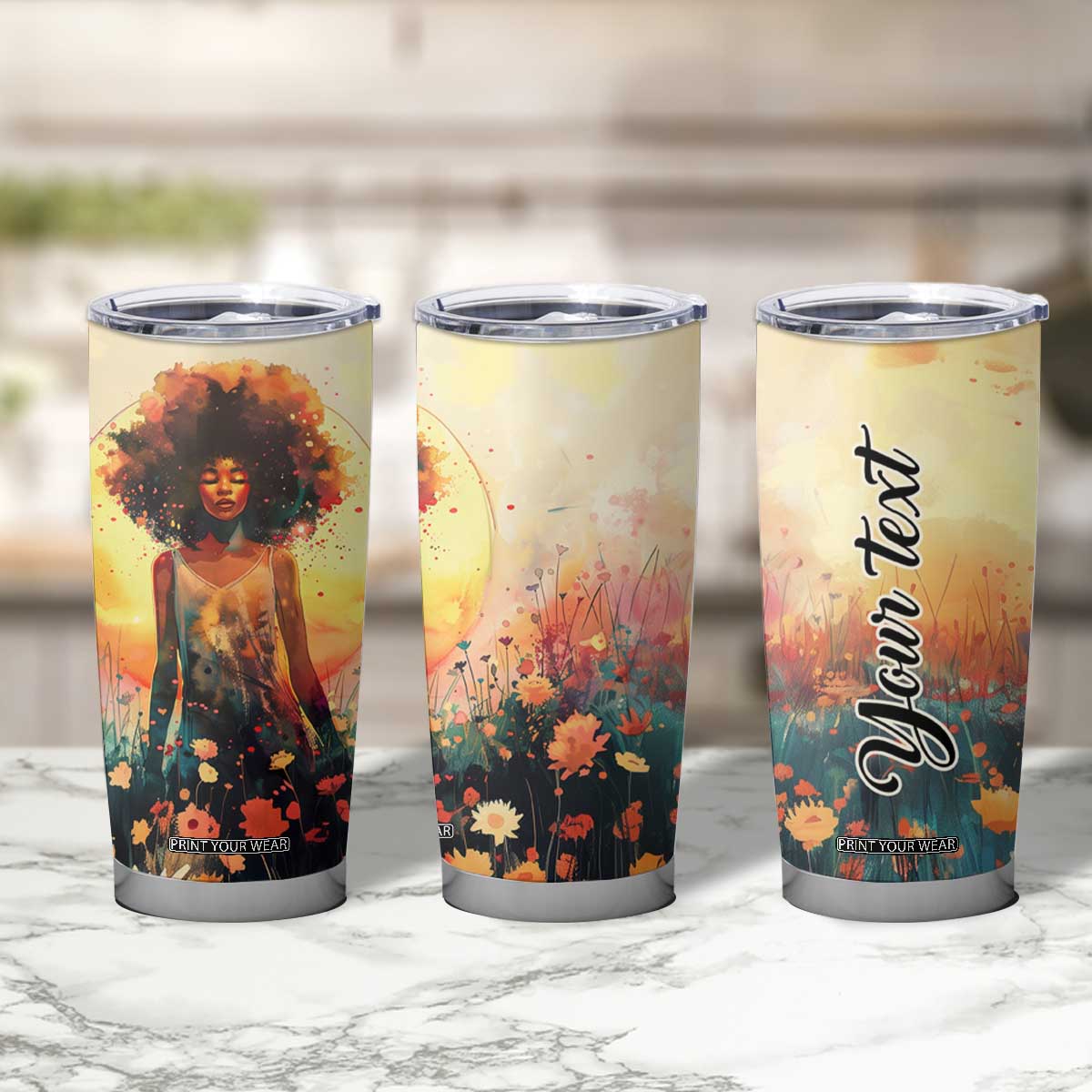 Black Women In Flower Field - Sun Set Watercolor Style Personalized Tumbler Cup TS04 Print Your Wear