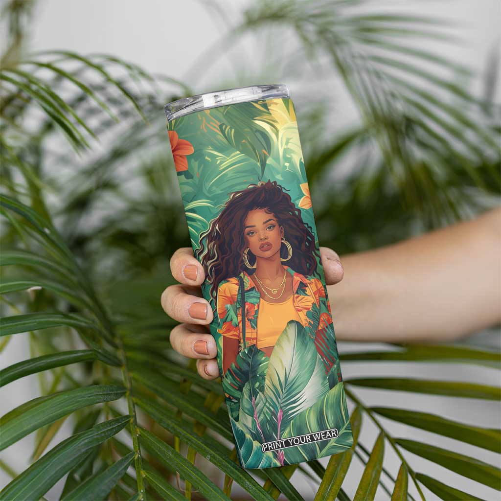 Black Woman Tropica Leaves Personalized Skinny Tumbler TS04 Print Your Wear
