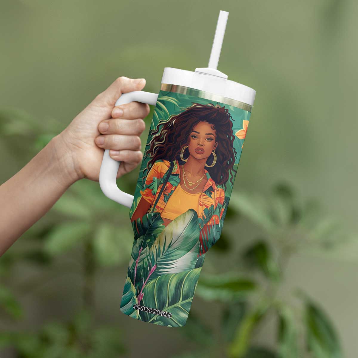 Black Woman Tropica Leaves Personalized Tumbler With Handle TS04 Print Your Wear