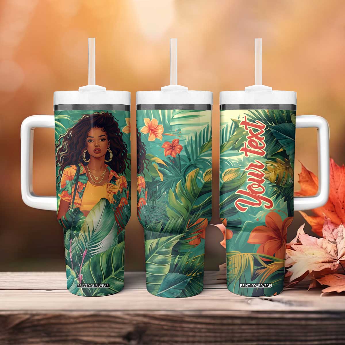 Black Woman Tropica Leaves Personalized Tumbler With Handle TS04 Print Your Wear