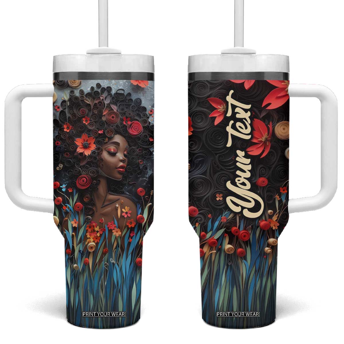 Black Woman Floral Quilling Art Tumbler With Handle TS04 One Size: 40 oz Black Red Print Your Wear