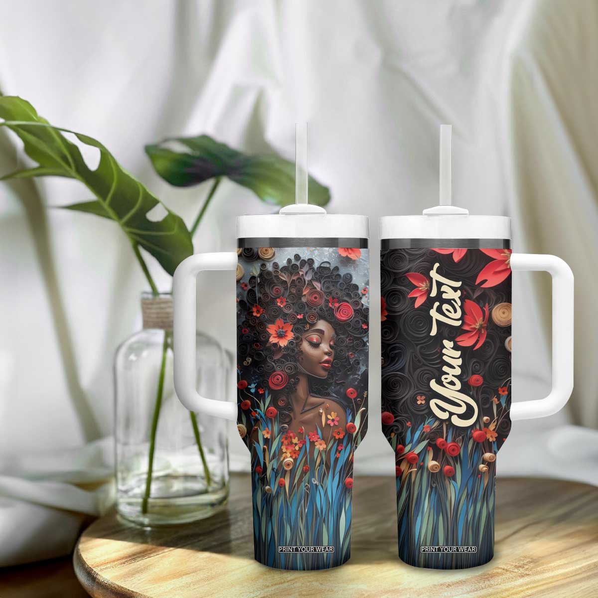 Black Woman Floral Quilling Art Tumbler With Handle TS04 Print Your Wear