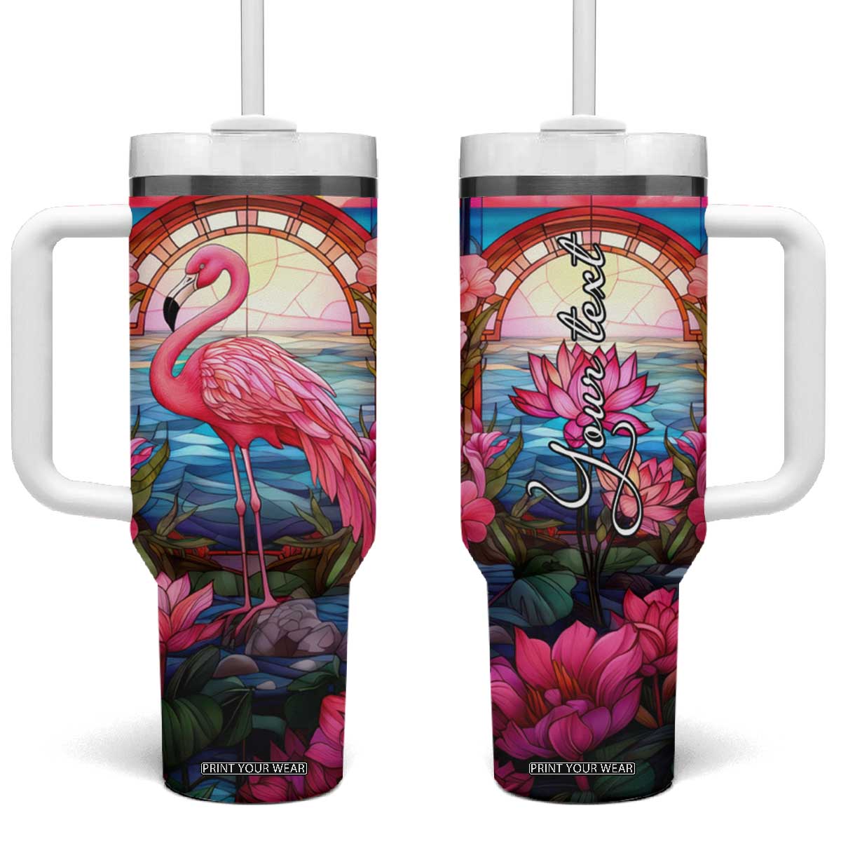 Flamingo Mosaic Tropical Garden Tumbler With Handle Personalized TS04 One Size: 40 oz Multicolor Print Your Wear