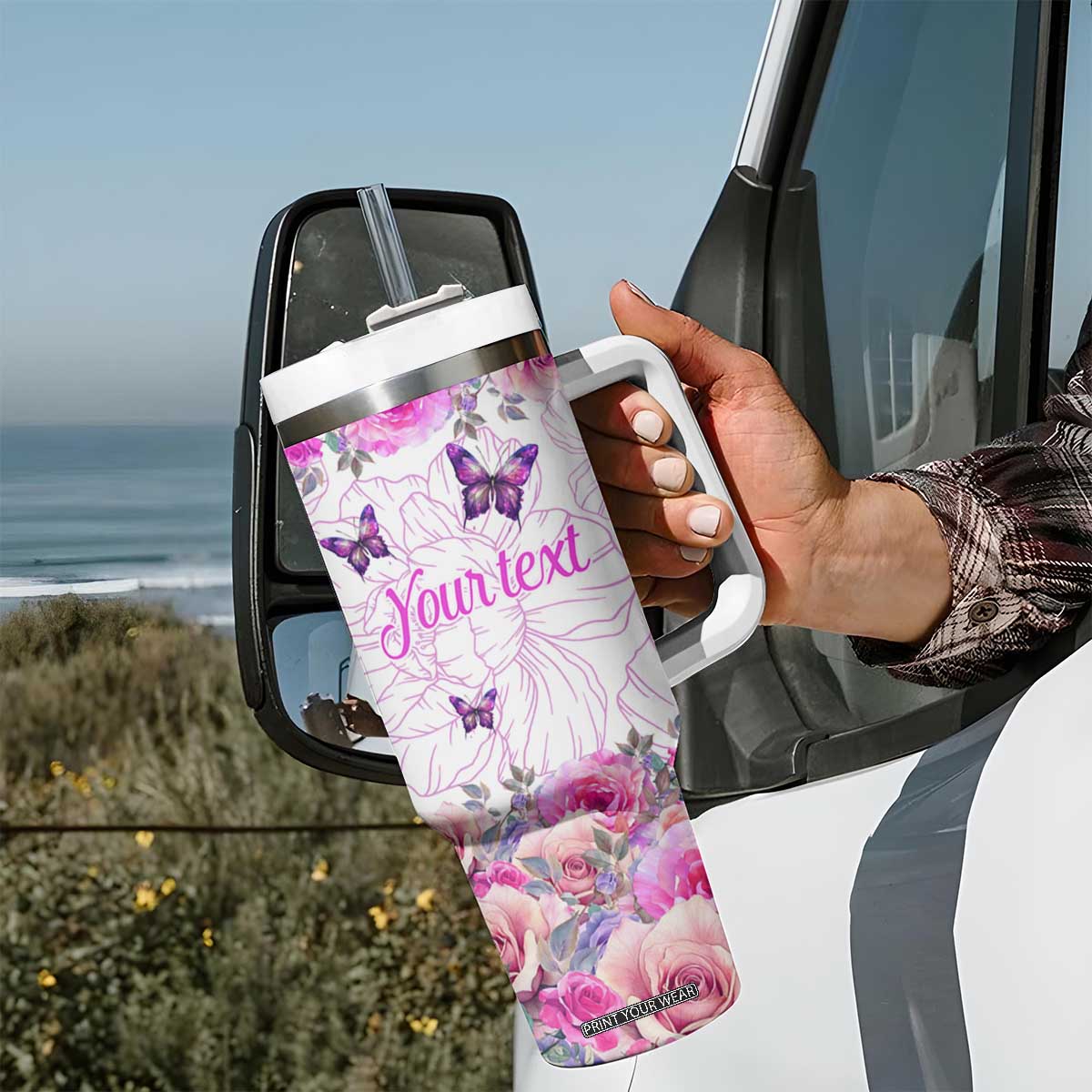 Butterfly Flowers Tumbler With Handle Personalized TS04 Print Your Wear