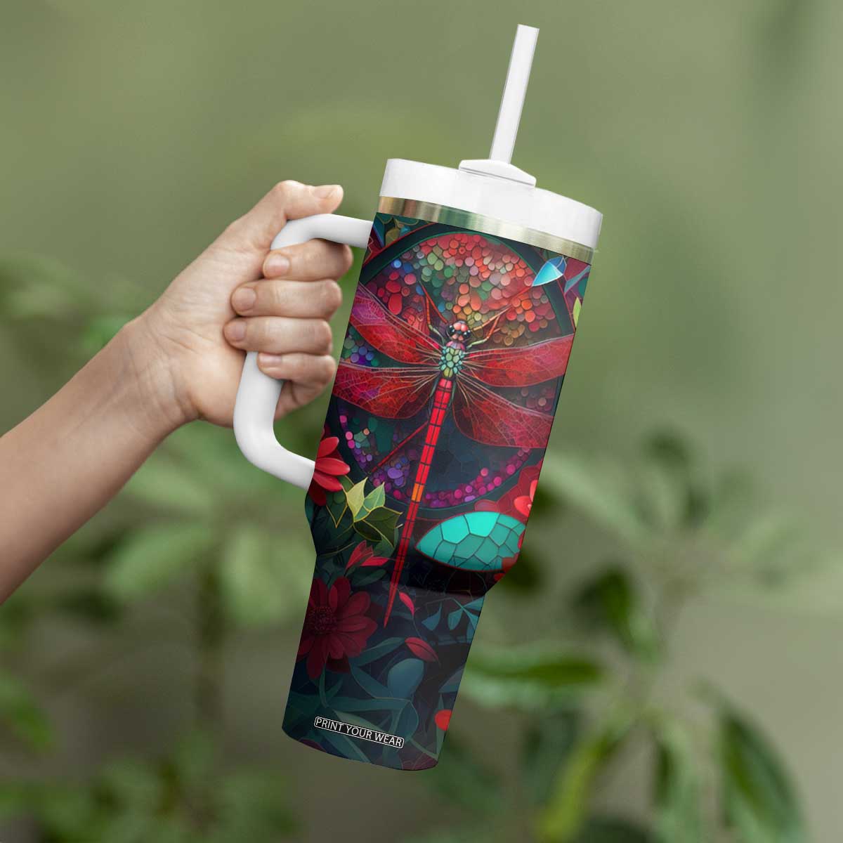 Dragonfly Ruby Mosaic Tumbler With Handle Personalized TS04 Print Your Wear