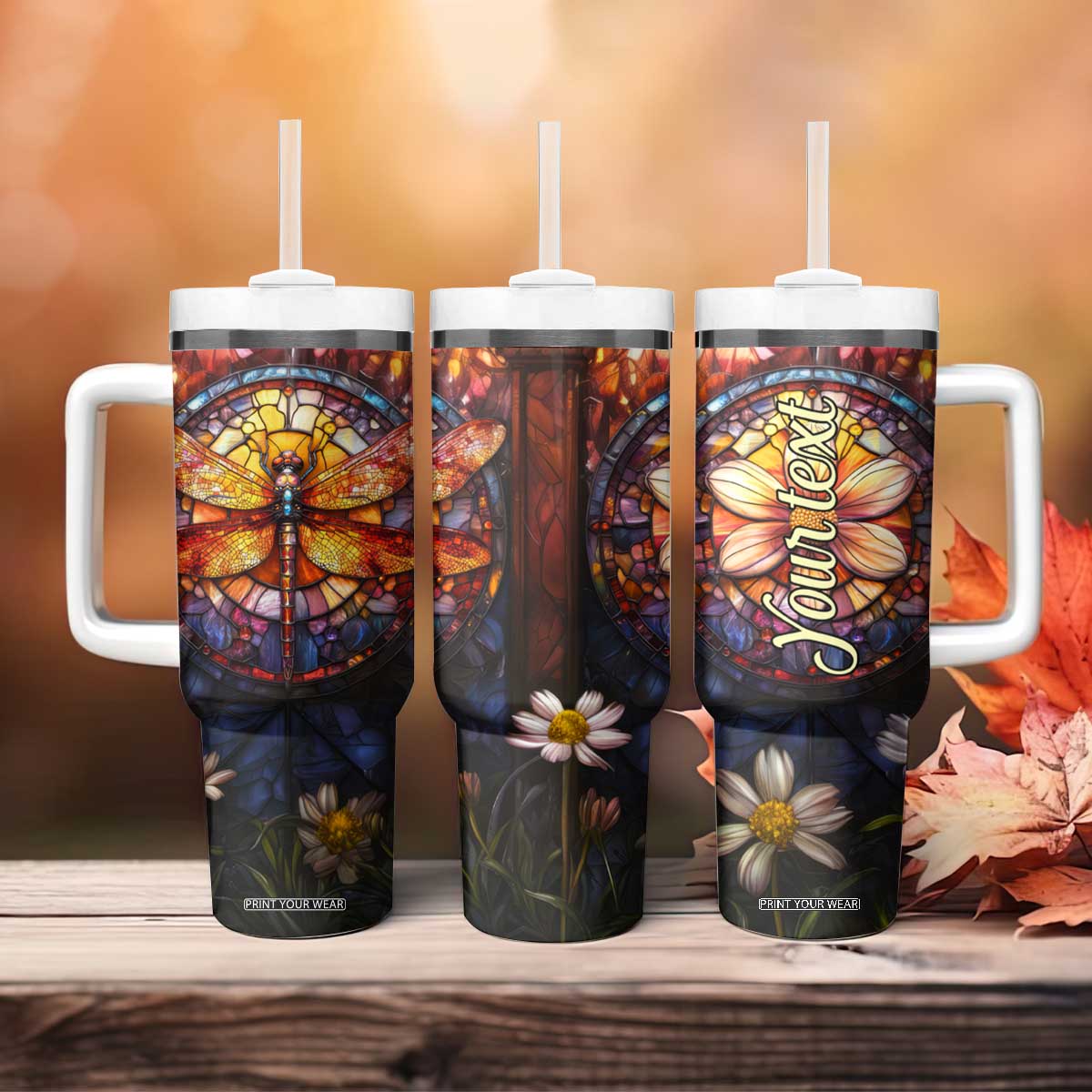 Dragonfly Golden Topaz Crystal Mosaic Tumbler With Handle Personalized TS04 Print Your Wear