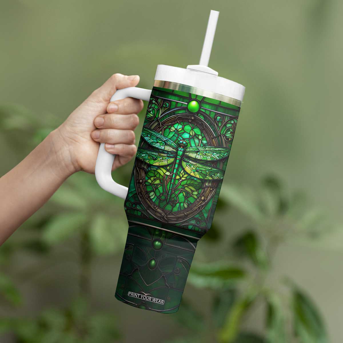 Dragonfly Emerald Crystal Mosaic Tumbler With Handle Personalized TS04 Print Your Wear