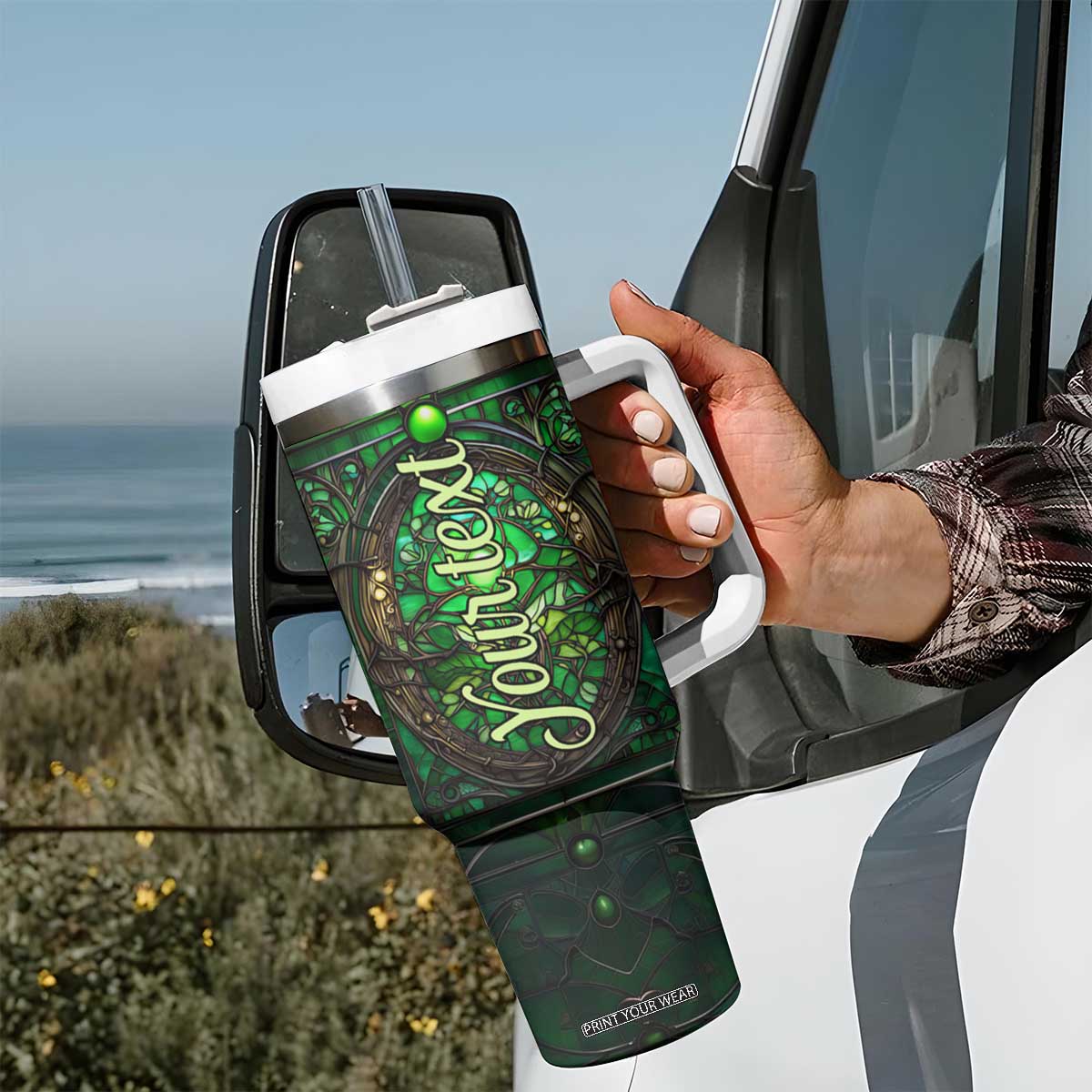 Dragonfly Emerald Crystal Mosaic Tumbler With Handle Personalized TS04 Print Your Wear