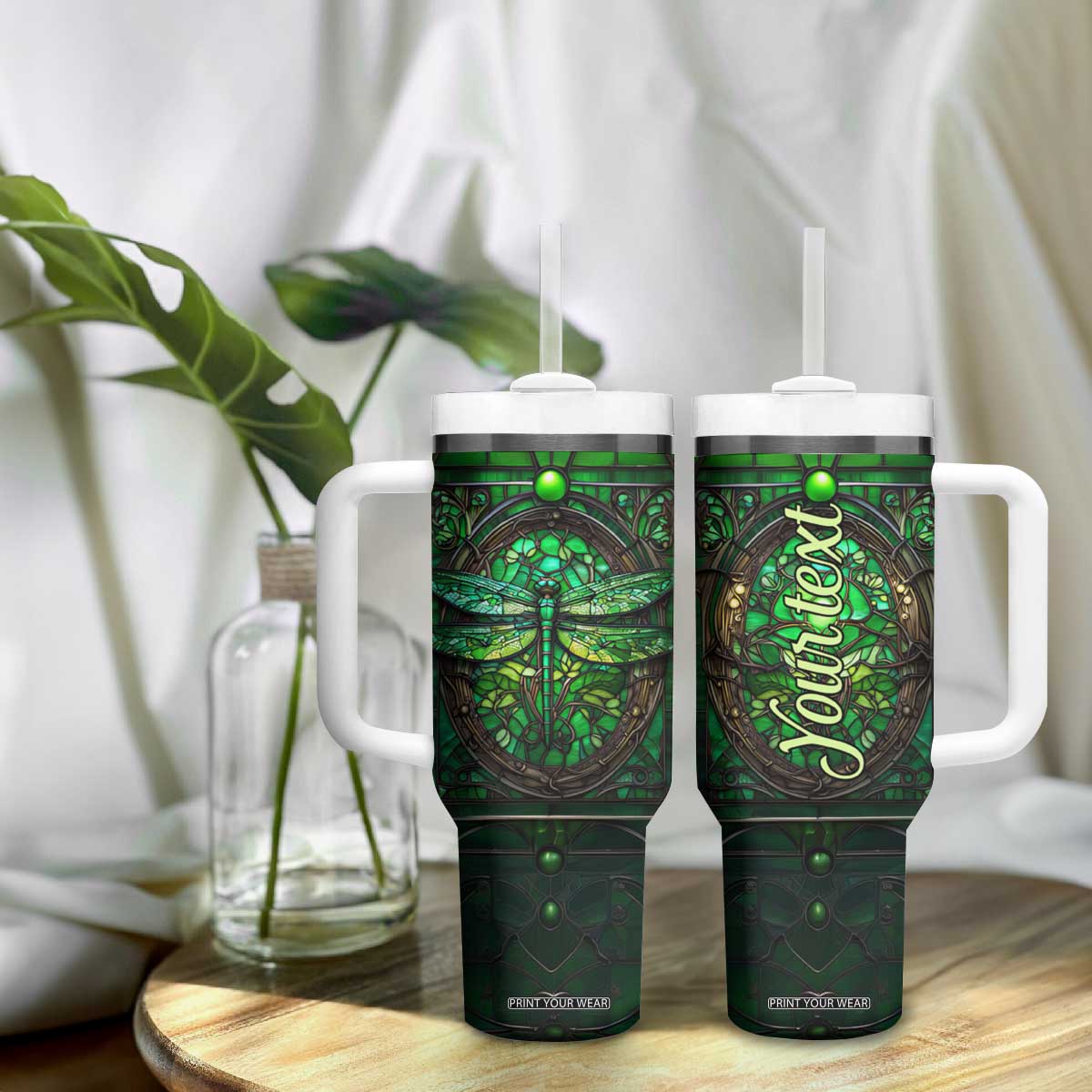 Dragonfly Emerald Crystal Mosaic Tumbler With Handle Personalized TS04 Print Your Wear