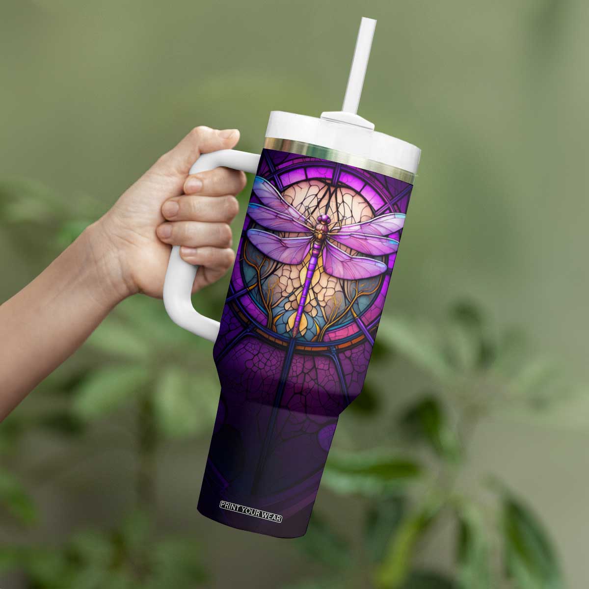 Dragonfly Colorful Glass Stained Tumbler With Handle Personalized TS04 Print Your Wear