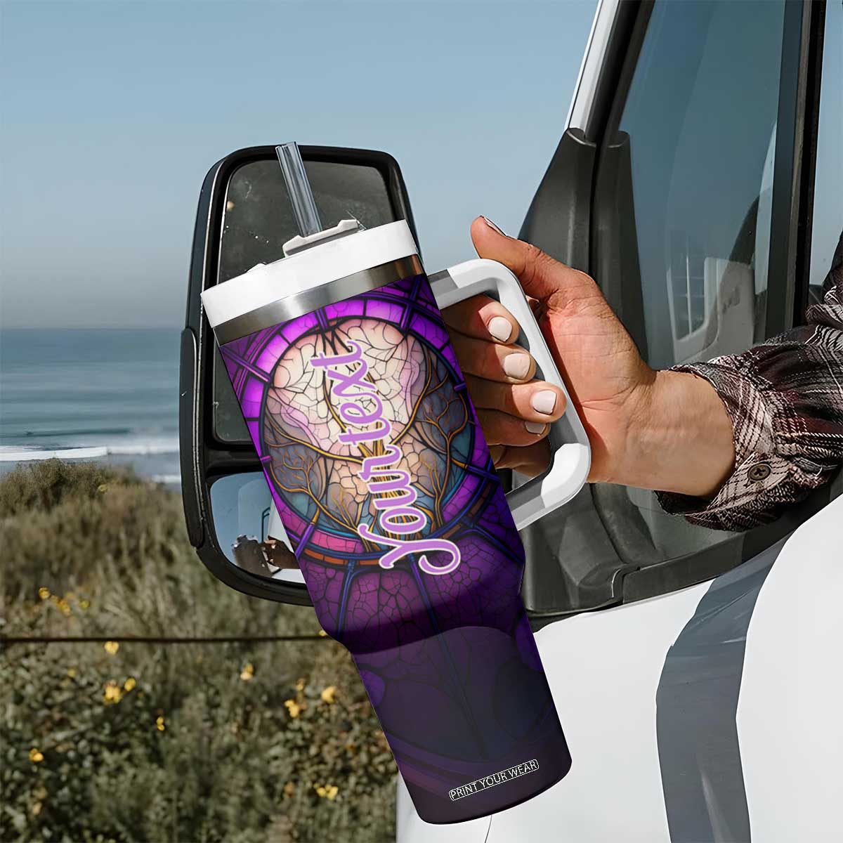 Dragonfly Colorful Glass Stained Tumbler With Handle Personalized TS04 Print Your Wear