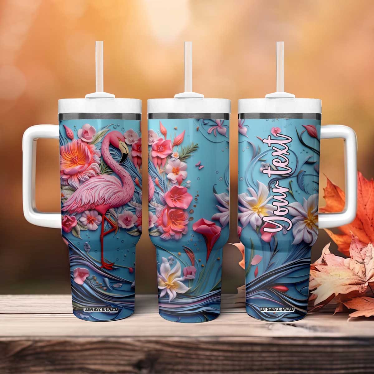 Flamingo Leather Carving Tumbler With Handle Personalized TS04 Print Your Wear