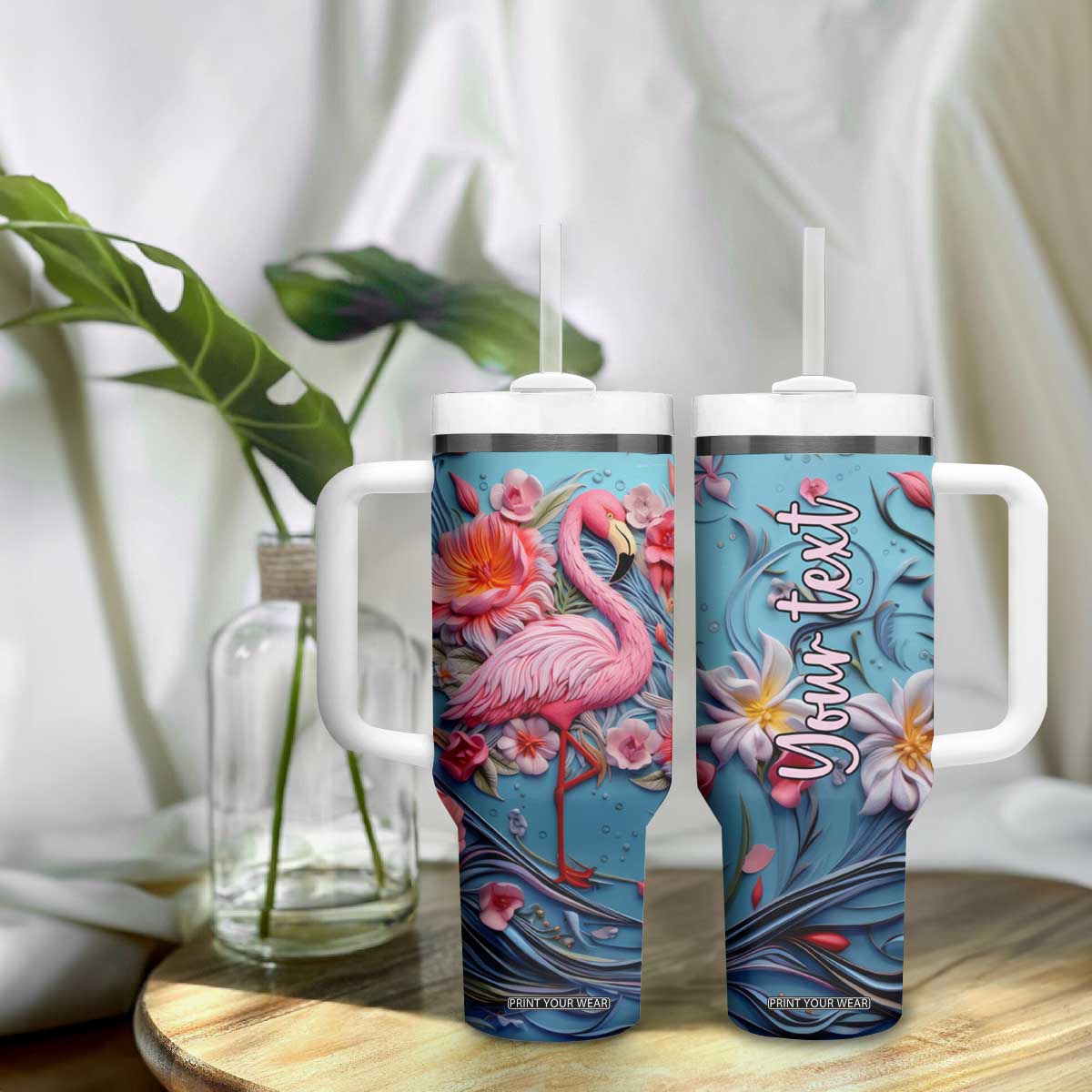 Flamingo Leather Carving Tumbler With Handle Personalized TS04 Print Your Wear