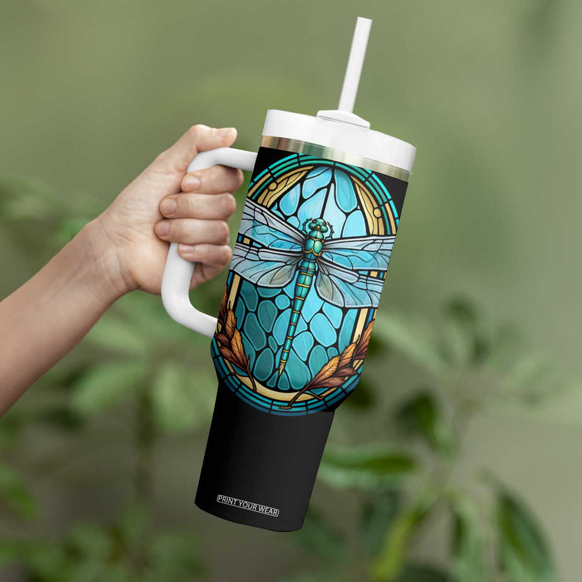 Dragonfly Aquamarine Crystal Mosaic Tumbler With Handle Personalized TS04 Print Your Wear