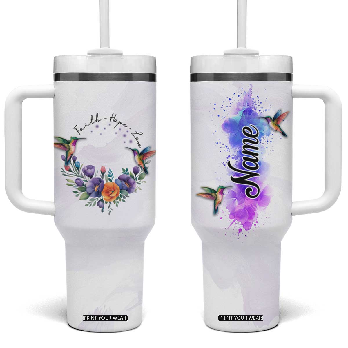 Faith Hope Love Hummingbird Tumbler With Handle Personalized TS04 One Size: 40 oz Multicolor Print Your Wear