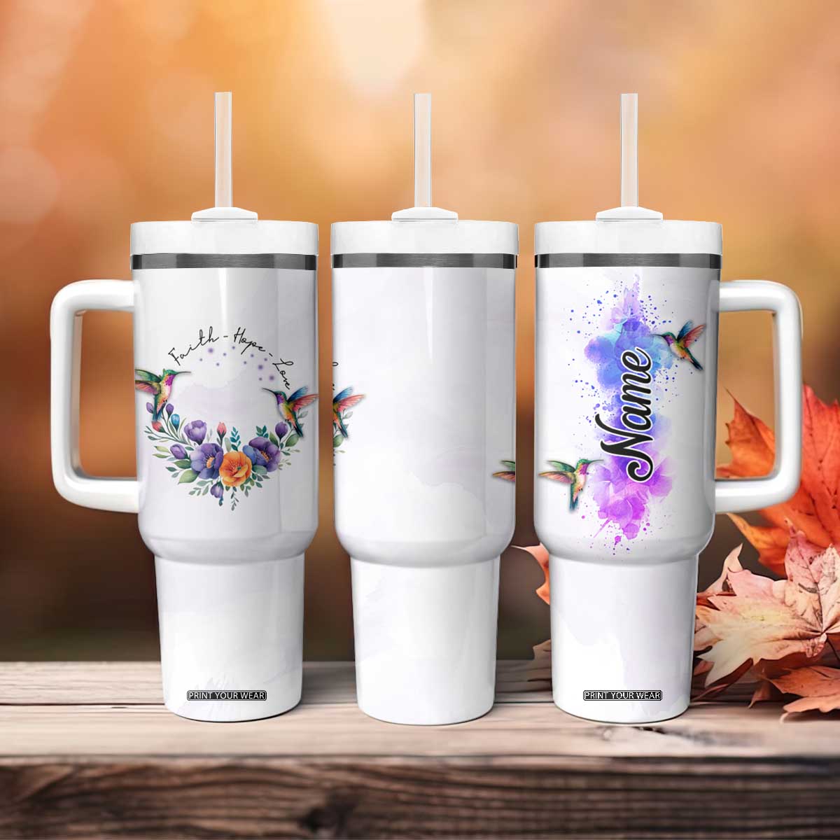 Faith Hope Love Hummingbird Tumbler With Handle Personalized TS04 Print Your Wear