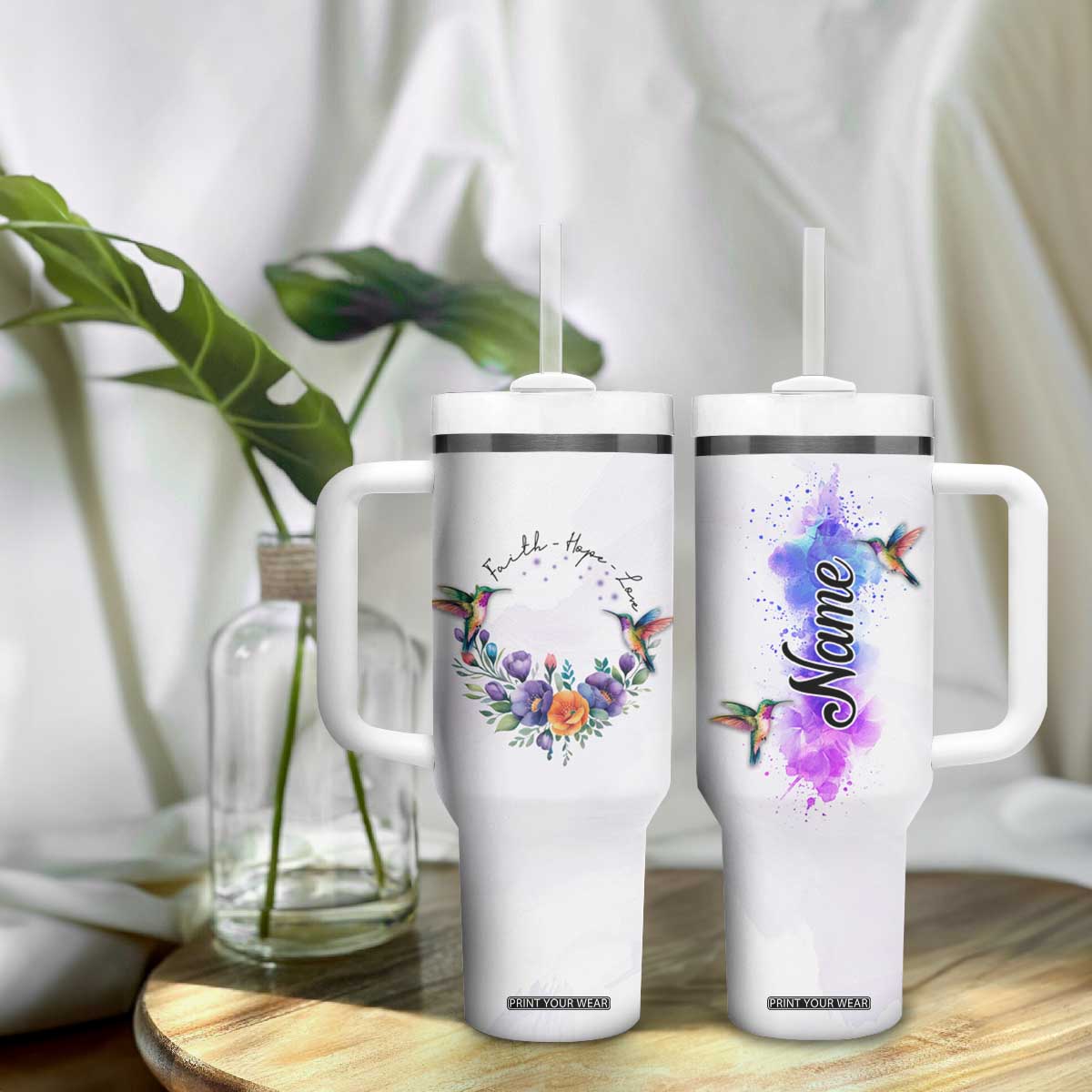 Faith Hope Love Hummingbird Tumbler With Handle Personalized TS04 Print Your Wear