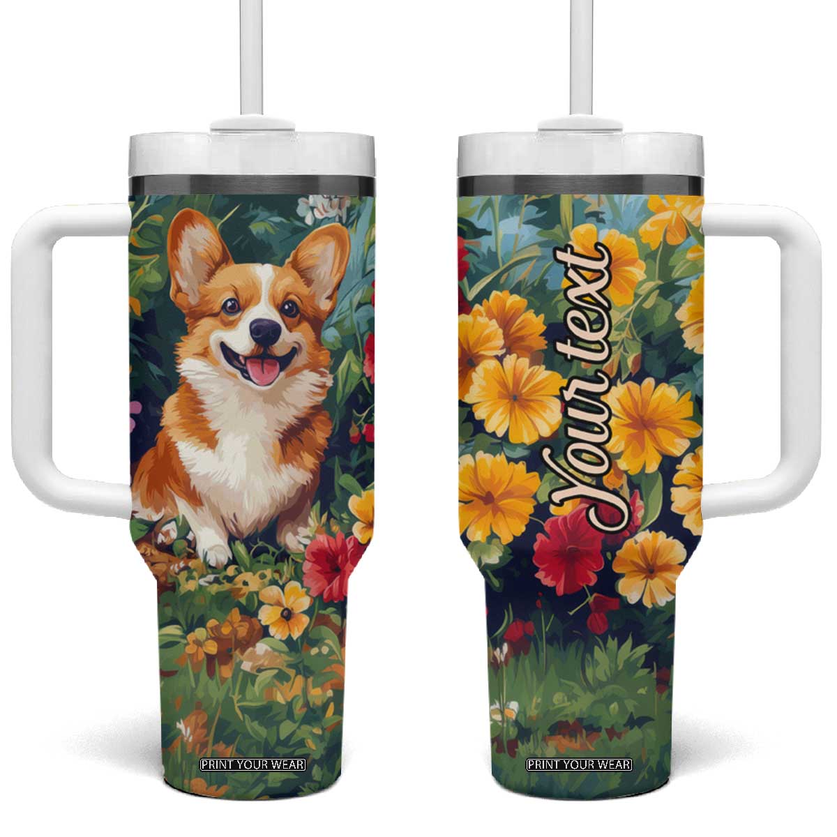 Retro Corgi Tumbler With Handle Personalized TS04 One Size: 40 oz Multicolor Print Your Wear