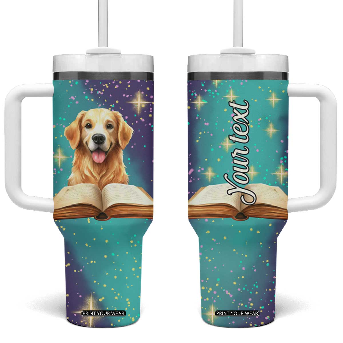 Cute Golden Retriever Reading Books Tumbler With Handle Personalized TS04 One Size: 40 oz Multicolor Print Your Wear