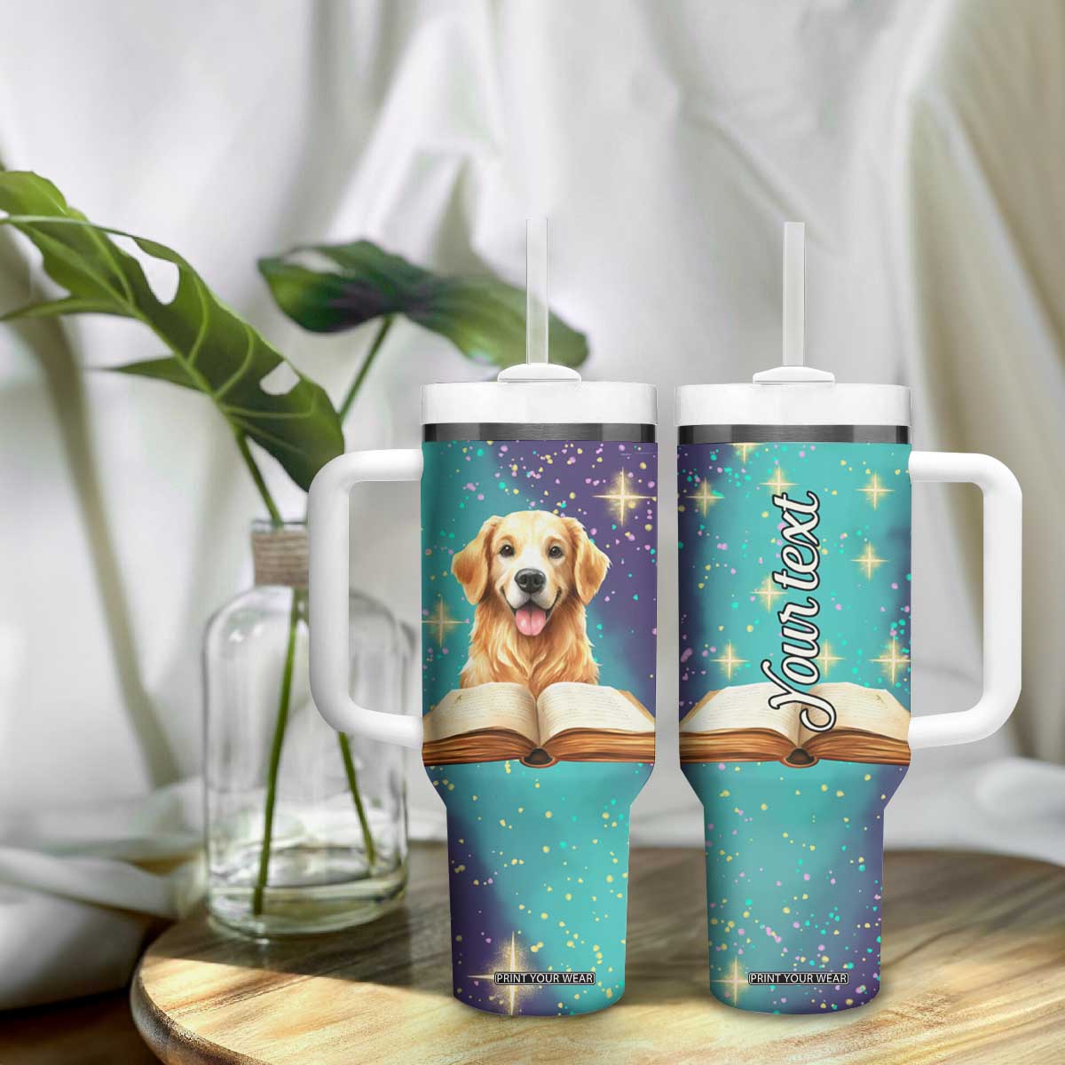 Cute Golden Retriever Reading Books Tumbler With Handle Personalized TS04 Print Your Wear