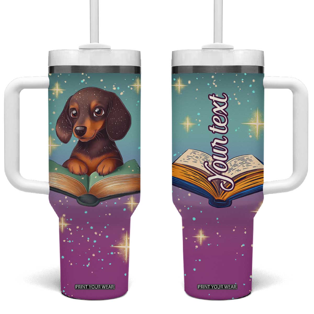 Cute Dachshund Reading Books Tumbler With Handle Personalized TS04 One Size: 40 oz Multicolor Print Your Wear