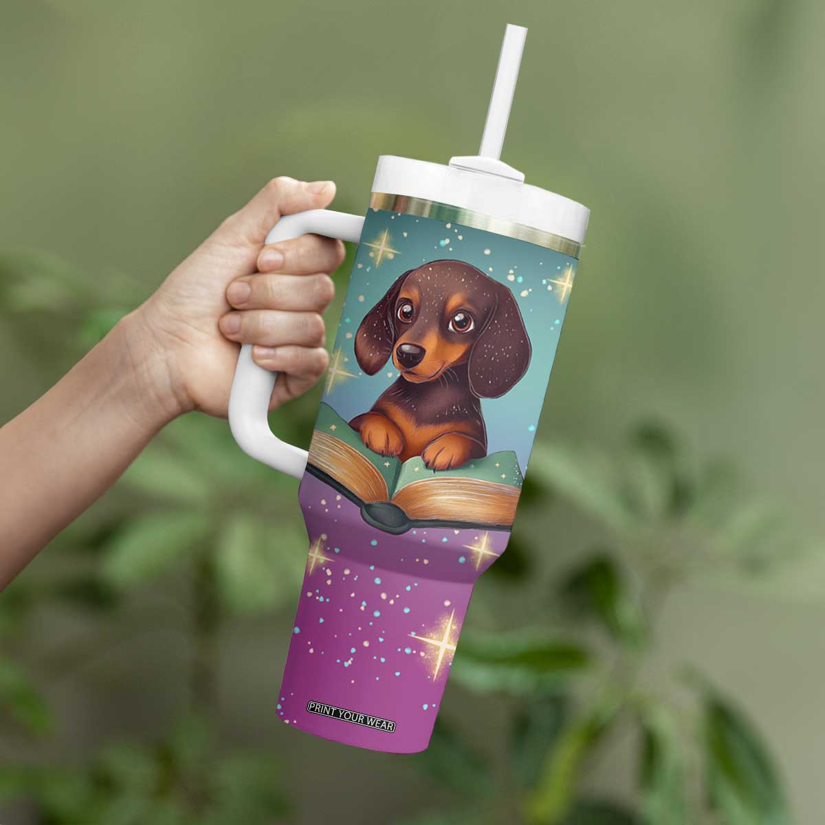 Cute Dachshund Reading Books Tumbler With Handle Personalized TS04 Print Your Wear