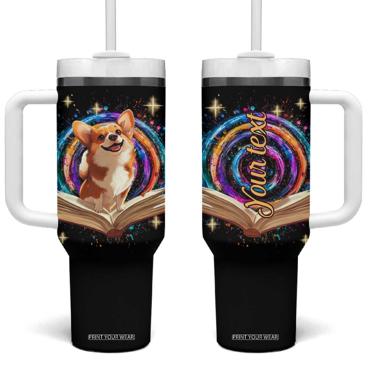 Cute Corgi Reading Books Tumbler With Handle Personalized TS04 One Size: 40 oz Multicolor Print Your Wear