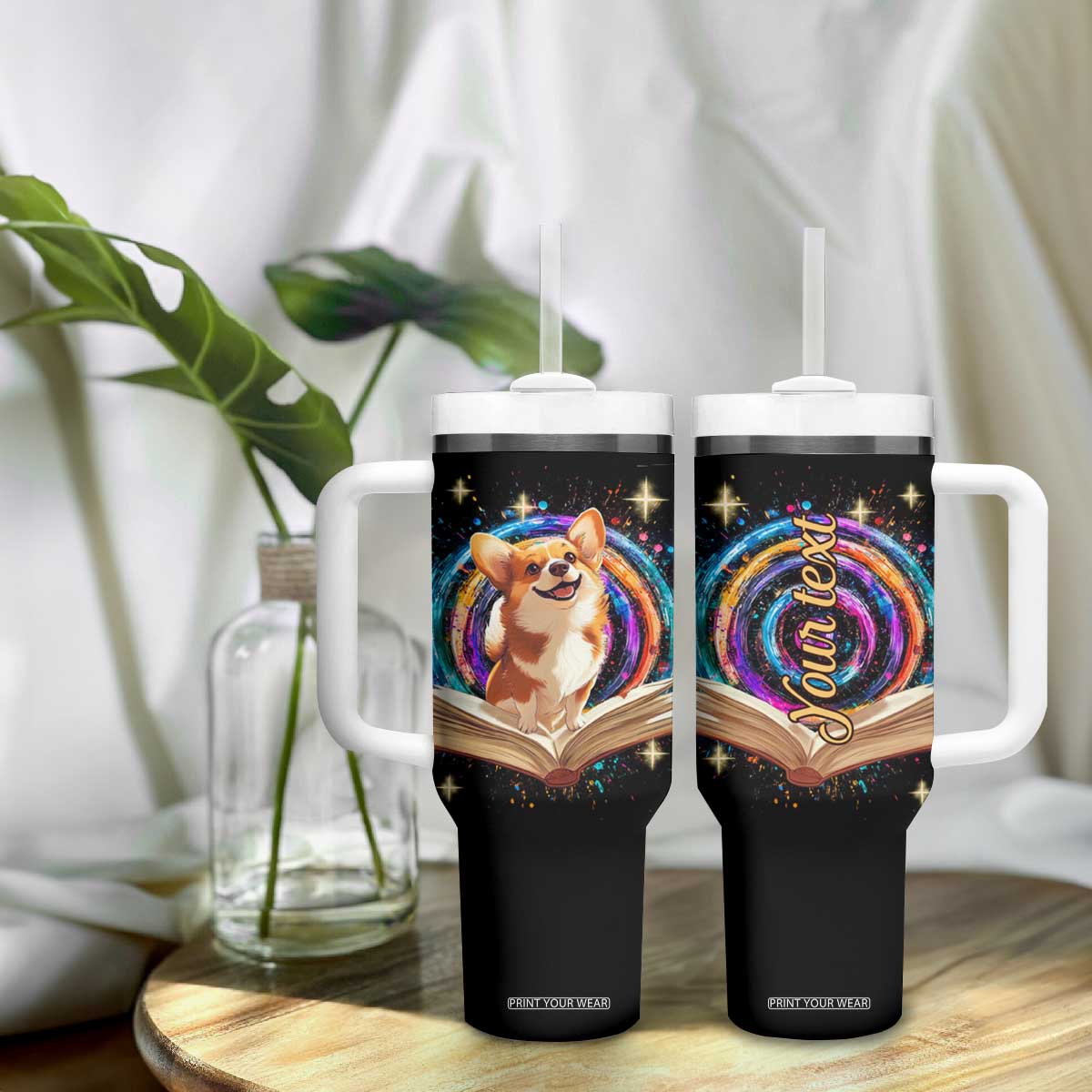 Cute Corgi Reading Books Tumbler With Handle Personalized TS04 Print Your Wear