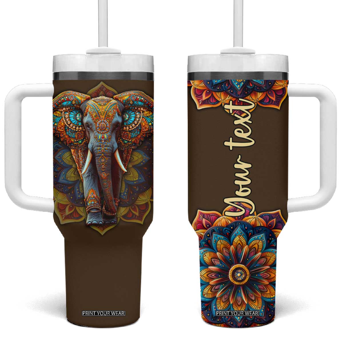 Mandala Elephant Tumbler With Handle Personalized TS04 One Size: 40 oz Multicolor Print Your Wear