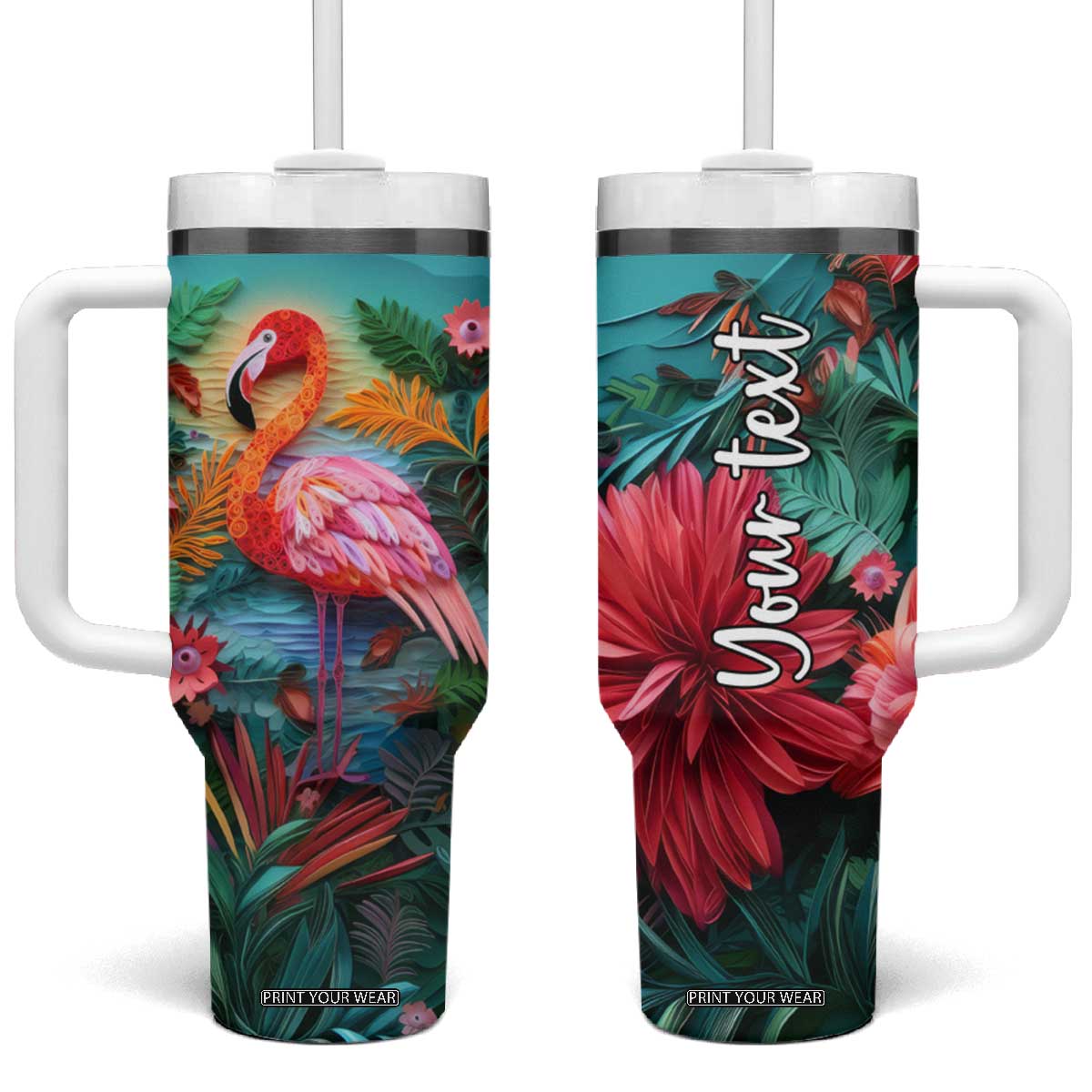 Flamingo Tropical Paper Quiling Tumbler With Handle Personalized TS04 One Size: 40 oz Multicolor Print Your Wear