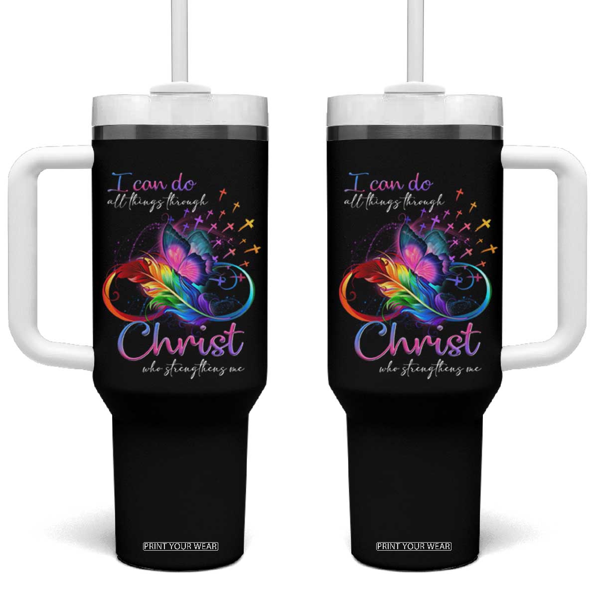 Christian Faith Tumbler With Handle I Can Do All Things Through Christ Who Strengthers Me TS09 One Size: 40 oz Black Print Your Wear