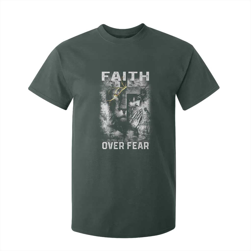 Christian T Shirt For Kid Faith Over Fear Jesus Lion TS09 Dark Forest Green Print Your Wear
