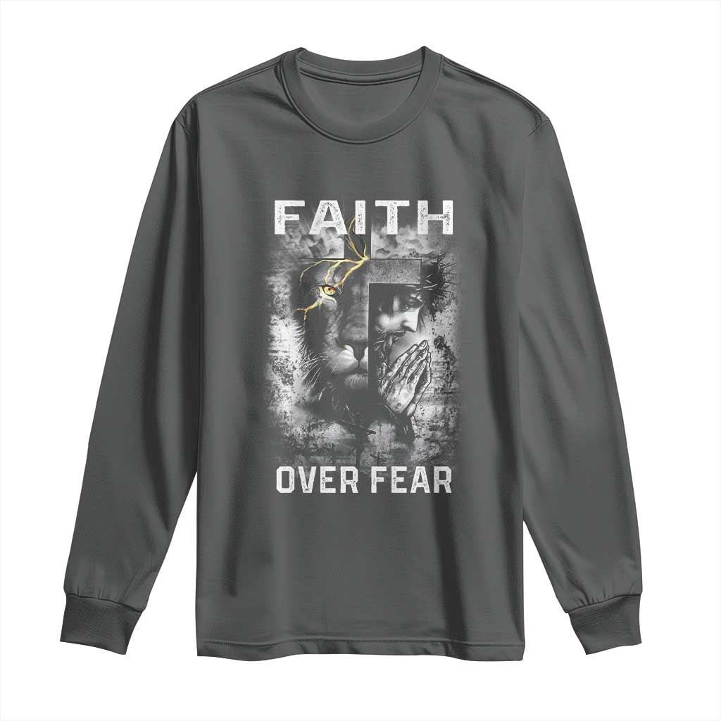 Christian Long Sleeve Shirt Faith Over Fear Jesus Lion TS09 Dark Heather Print Your Wear