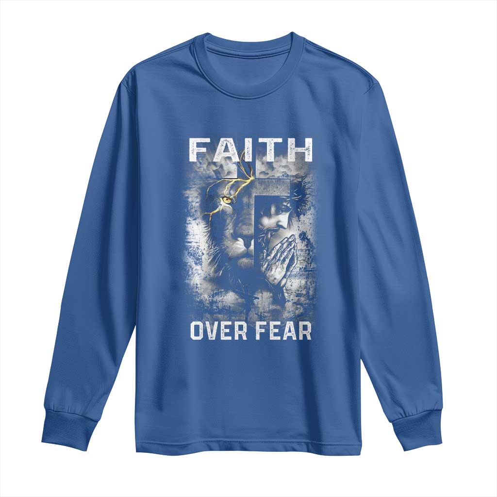 Christian Long Sleeve Shirt Faith Over Fear Jesus Lion TS09 Royal Blue Print Your Wear