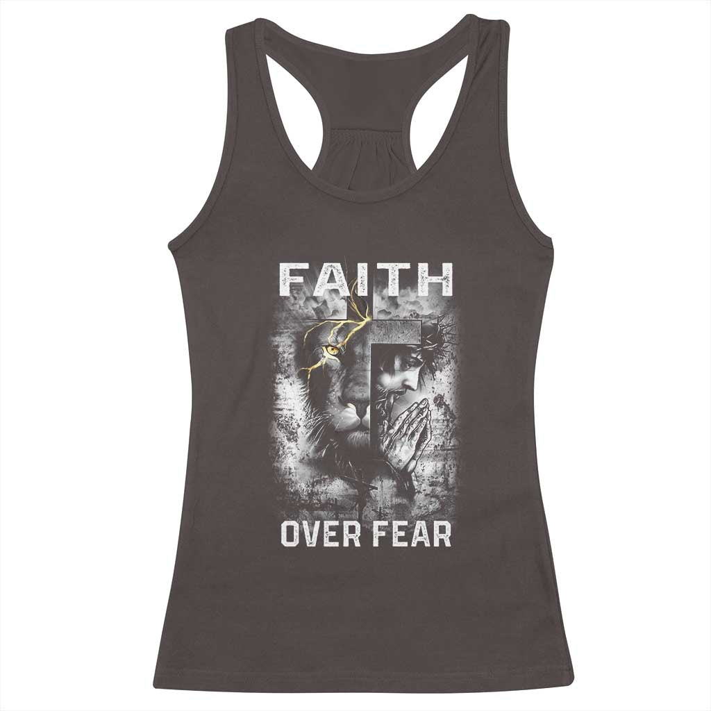 Christian Racerback Tank Top Faith Over Fear Jesus Lion TS09 Dark Chocolate Print Your Wear