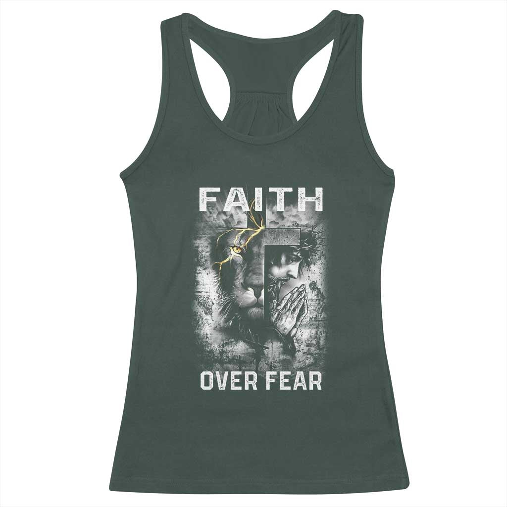 Christian Racerback Tank Top Faith Over Fear Jesus Lion TS09 Dark Forest Green Print Your Wear